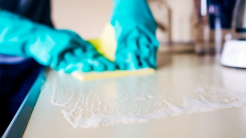 Professional carpet cleaning process for a busy carpeted room