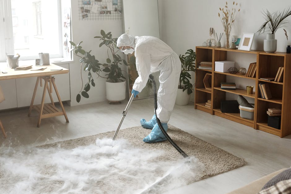 A professional carpet cleaner from Carpet Cleaning Bayswater is performing surface cleaning in a commercial space, using a beige industrial vacuum cleaner equipped with a black hose attachment. The cl